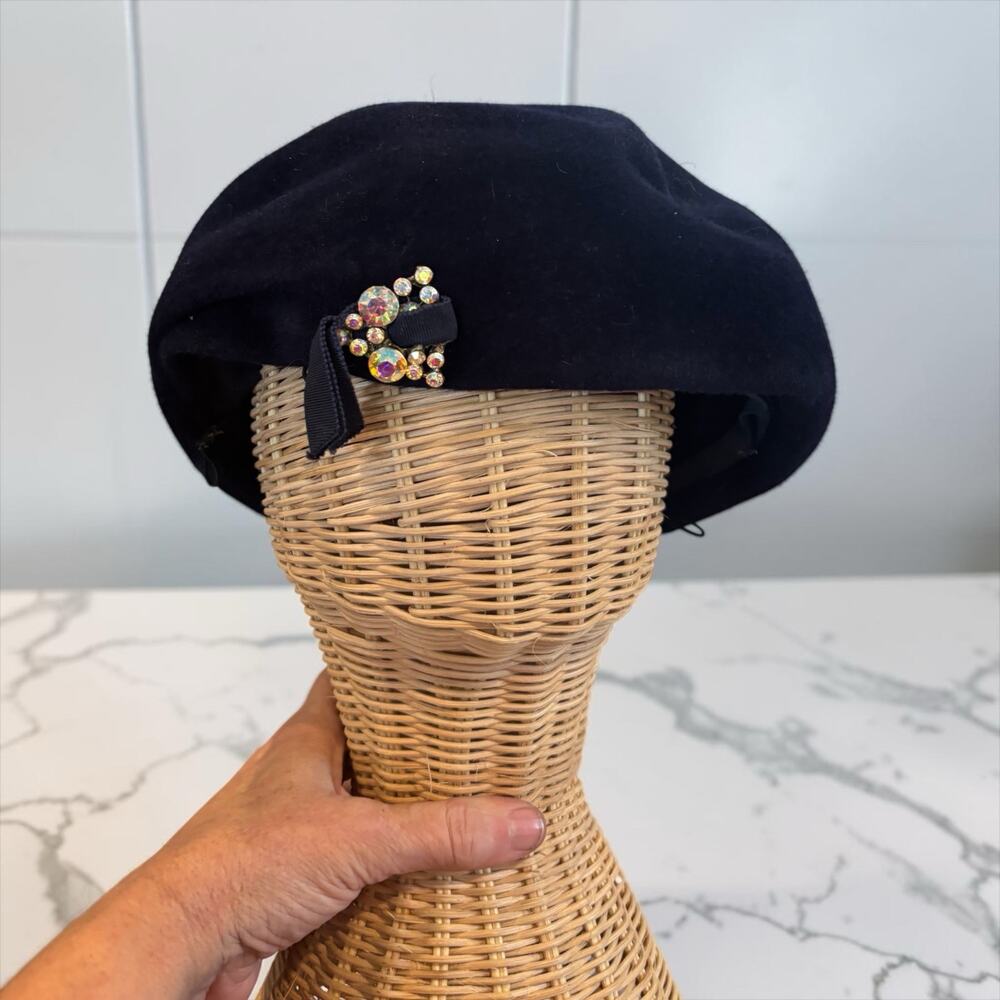 Vintage Navy Velour Beret Hat Aurora Borealis Rhinestones Paris Chic Darcel